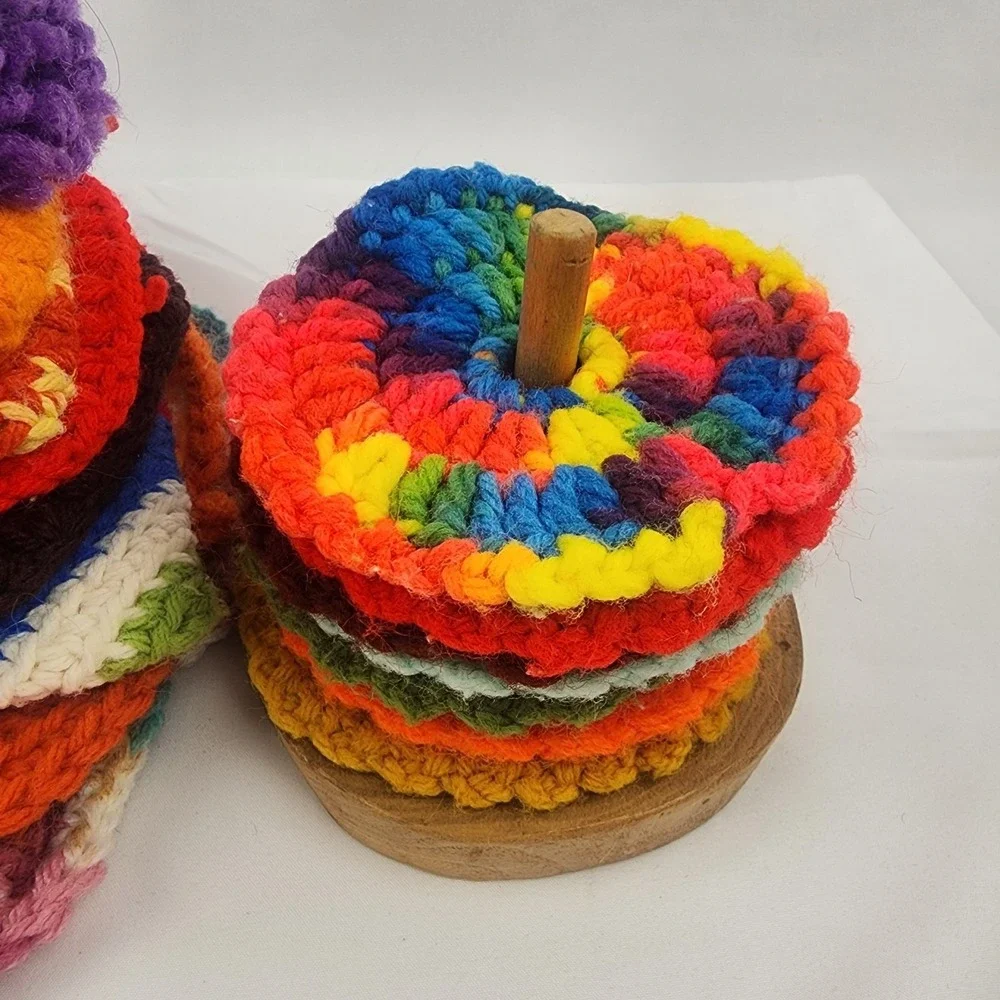 Vintage Handmade Crocheted Lot of 10 Hot Pads Pot Holders‎ 8 Coasters With Stand